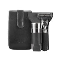 Set de ras de călătorie Mondial cu pămătuf EcoSilvertip, aparat de ras și etui din piele neagră