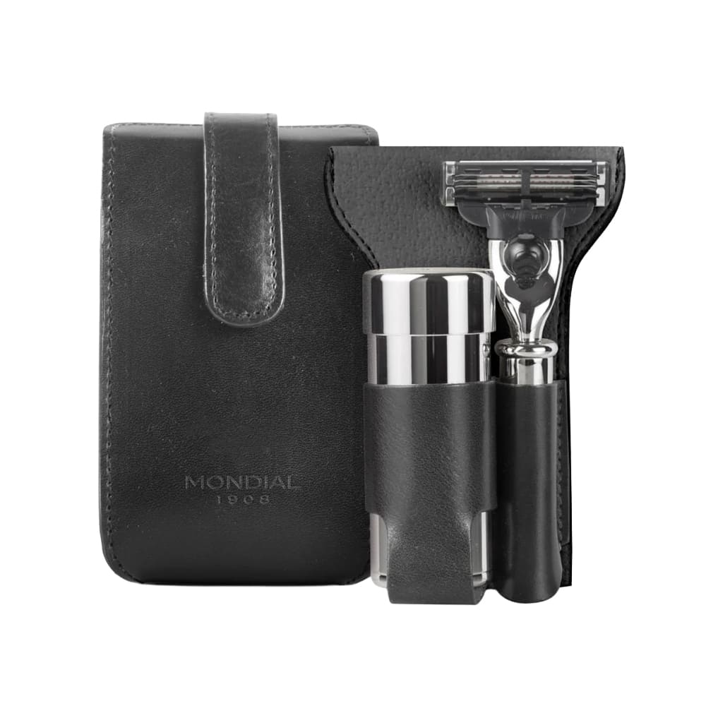 Set de ras de călătorie Mondial cu pămătuf EcoSilvertip, aparat de ras și etui din piele neagră 1 Set de ras de călătorie Mondial cu pămătuf EcoSilvertip, aparat de ras și etui din piele neagră